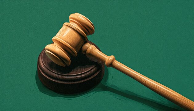 A wooden gavel rests on its dark base against a textured green background