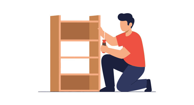 Man Assembling Wooden Bookshelf, DIY Furniture Assembly Concept, Flat Vector Illustration of Handyman Working on Home Improvement Project