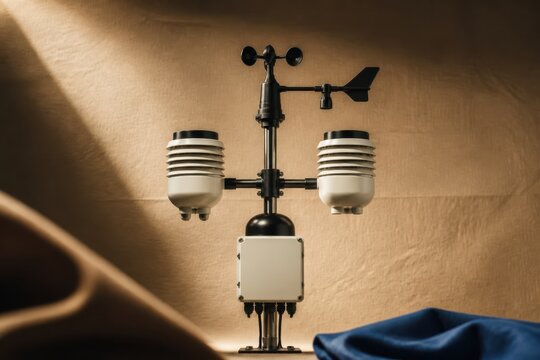 Modern weather station sensor with wind vane and anemometer on a warm studio background