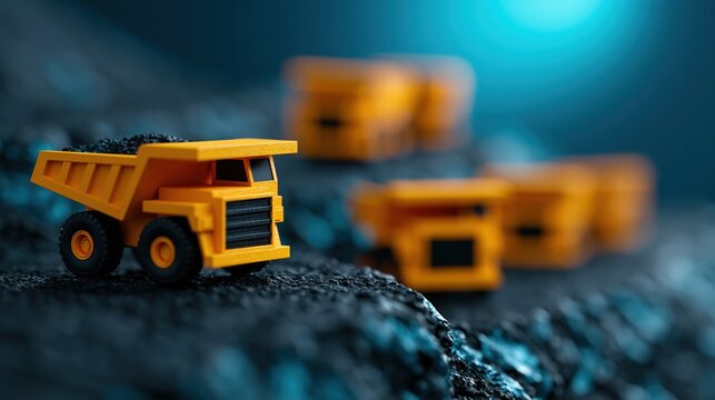 Yellow mining haul trucks on terraced quarry road with dark graphite ground
