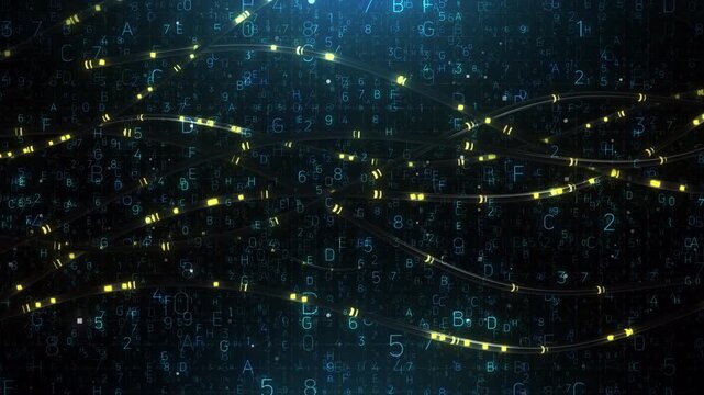 Abstract digital data flow with glowing light particles on a dark background.