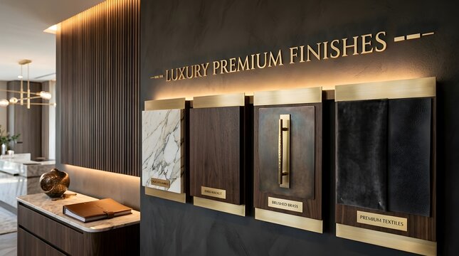 Interior design material samples display marble wood brass and textiles