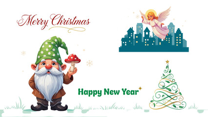 Cartoon santa claus and reindeer celebrating christmas with holiday decorations © MSTSHOHAGi