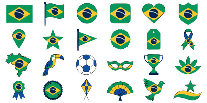 Brazilian national symbols collection with flag elements and cultural icons on white background