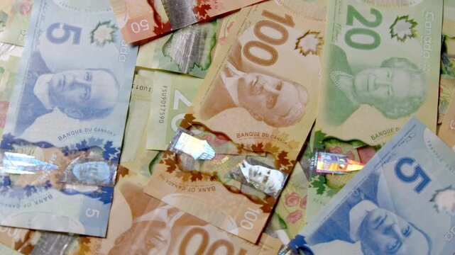 Brightly colored Canadian bills are artfully spread out, showcasing different denominations in a dazzling array. The money's design adds charm to the composition