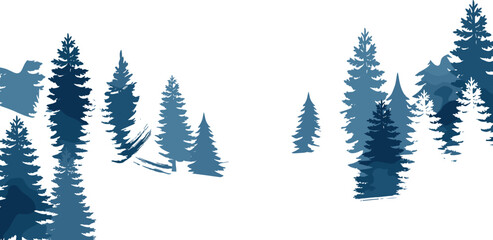 Obraz premium Abstract pine tree forest illustration with layered blue watercolor textures, minimalist evergreen woodland landscape isolated on white background