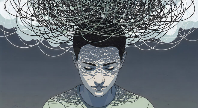 Distressed Person Holding Head with Tangled Scribble Thoughts Above