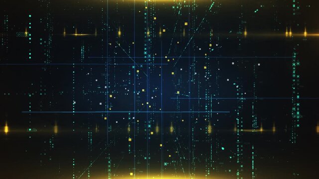 Abstract digital data stream with glowing particles and grid lines.