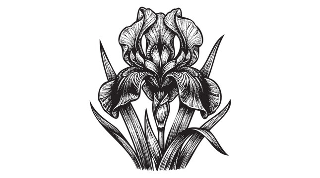 Black and white iris flower, floral illustration, botanical drawing, monochrome design element