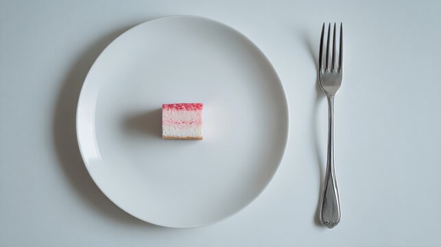 A minimalist composition with a dessert fork and small cake piece arranged along one edge