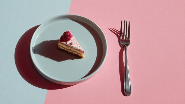 A minimalist composition with a dessert fork and small cake piece arranged along one edge