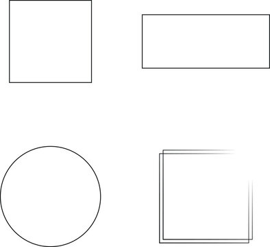 Set of basic geometric outline shapes including a diamond, oval, circle, square, rectangle, and arched frames in thick black lines.