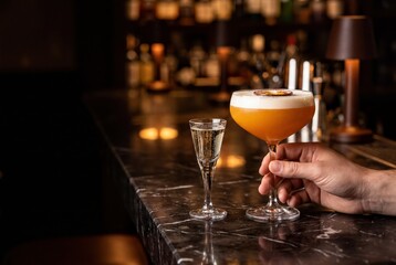 Fototapeta premium Elegant Porn Star Martini Cocktail with Passion Fruit Garnish and Prosecco Shot on Bar Counter