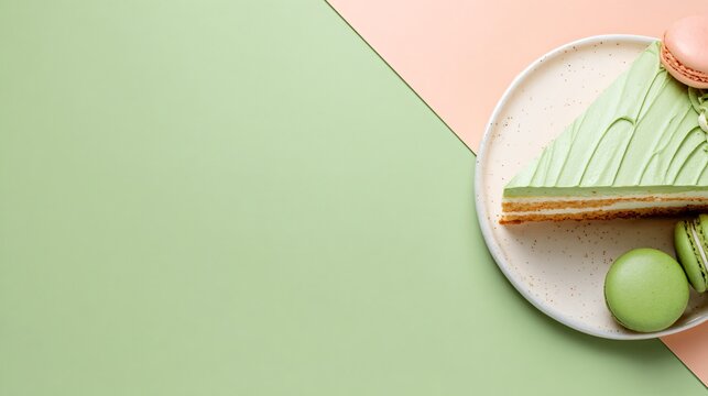 A pastel green background with a dessert placed along a diagonal line with empty areas