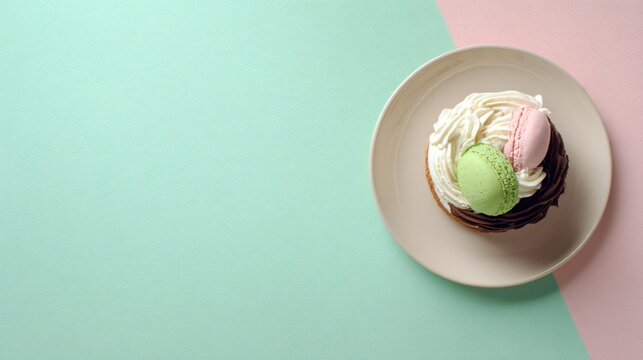 A pastel green background with a dessert placed along a diagonal line with empty areas