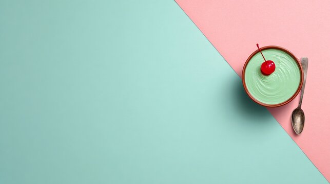 A pastel green background with a dessert placed along a diagonal line with empty areas