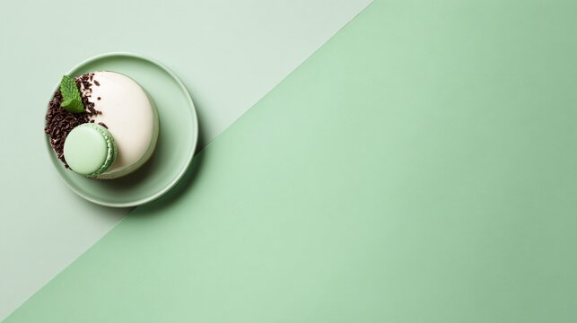 A pastel green background with a dessert placed along a diagonal line with empty areas