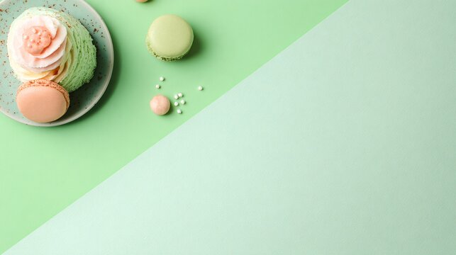 A pastel green background with a dessert placed along a diagonal line with empty areas