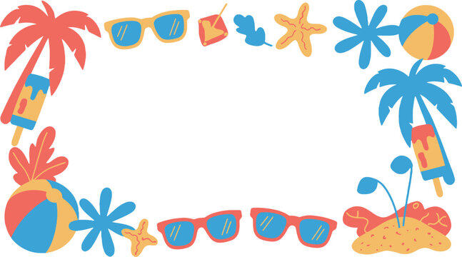 Summer vacation border frame with beach icons like palm trees sunglasses beach balls and popsicles for seasonal design asset. Vector Illustration