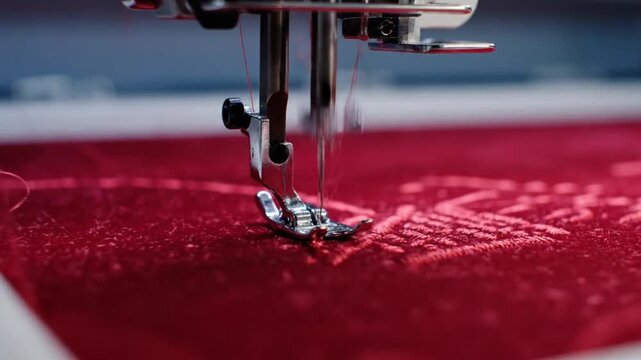 Close up view of a sewing machine needle meticulously embroidering intricate floral patterns on rich red fabric