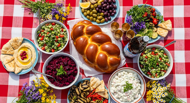 Top view of an outdoor picnic spread featuring challah bread salads hummus olives and fresh wildflowers
