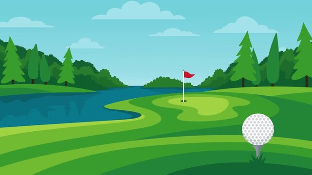 Golf course banner with parallax animation landscape. Golf green poster with lake scenery with parallax effect. Golf fairway parallax background with lakeside, fairway, putting green, flag, ball, tree