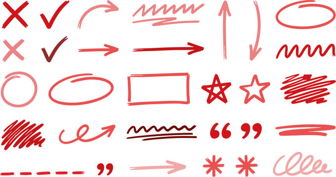 Hand drawn doodle set vector illustration including arrows circles lines stars marks check marks decorative shapes for annotation emphasis highlighting design project element.
