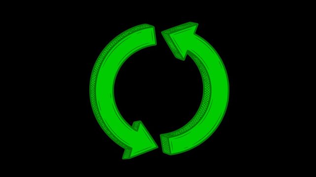 isometric 3d hand drawn green refresh symbol loop animation with transparent alpha channel. Repeating cycle update or loading process arrows icon drawing for video editing software production backgrou