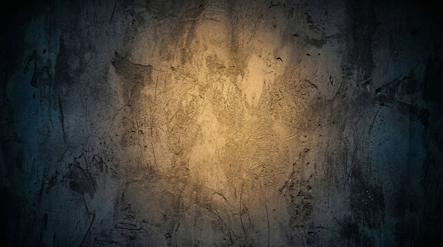 Dark grunge concrete wall texture with warm golden brown spotlight center and dark blue vignette background