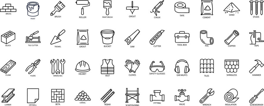 Construction tools and building materials line icons set vector ilustration for hardware store architecture renovation home repair equipment and industrial supply icons pack.