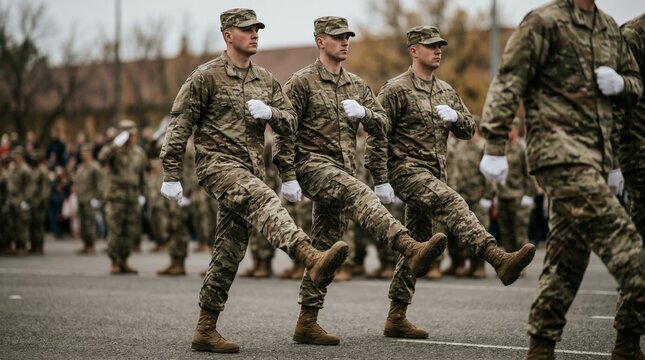 Soldiers in camouflage uniforms marching in synchronized formation disciplined military parade multicam pattern white gloves precision concept.