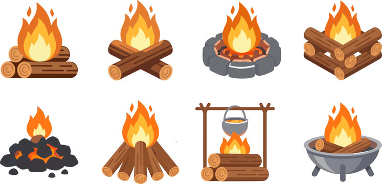Campfire icons collection set flat vector ilustration for camping bonfire wood logs cooking pot stone pit fire bowl outdoor adventure activities design elements collection pack.
