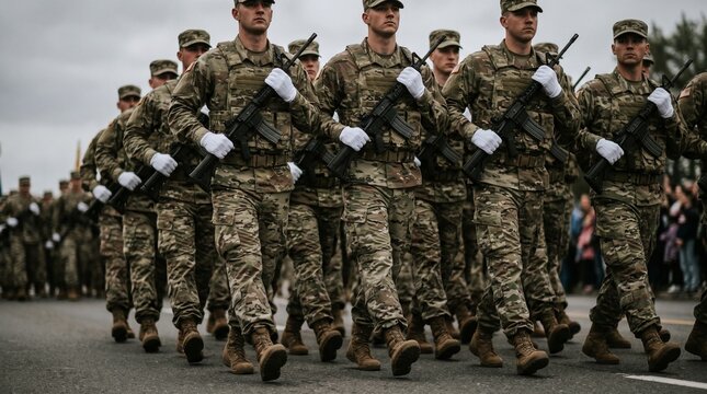 Soldiers in camouflage uniforms marching in synchronized formation disciplined military parade multicam pattern white gloves precision concept.