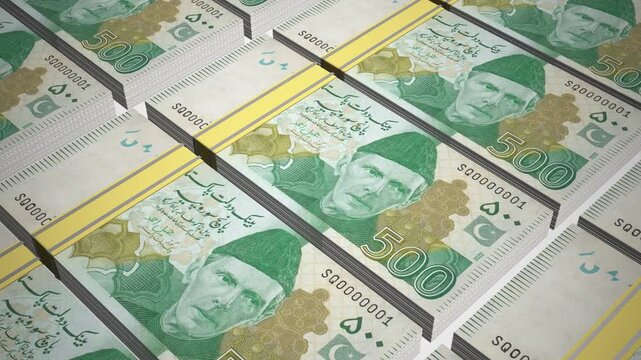 Stacks of 500 PKR or Five Hundred Pakistani Rupees banknotes or currency. Neat Rows of Pakistan 500 Rupee Bank note in 3D Motion. 4k Animation.
