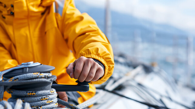 Anonymous race crew in identical team gear grinding winches during a high-stakes yacht racing event, competitive sailing and athletic performance concept, faceless, defocused,