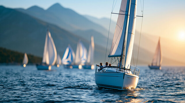 Wide panoramic view of a sailing regatta fleet spread across a bay with a dramatic mountain backdrop at golden hour, maritime sport and coastal landscape concept, defocused, with