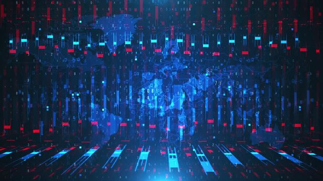 Abstract digital world map with glowing data streams and financial market bars.