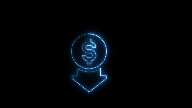 Neon cost reduction icon animation. Dollar down icon. Low price dollar concept. Cash with down arrow stocks graph, concept of financial crisis, market fall.4k Animation video on Black Background