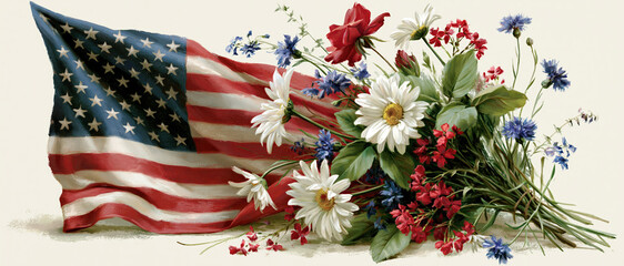 Obraz premium American Flag with Wildflowers Patriotic Floral Composition – AI Generative