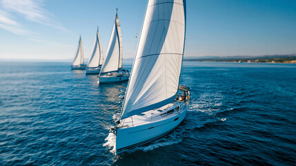 Fototapeta premium Aerial view of a regatta fleet of sailing ships with white sails in windy ocean conditions, competitive yachting and maritime sport concept, defocused, with copy space