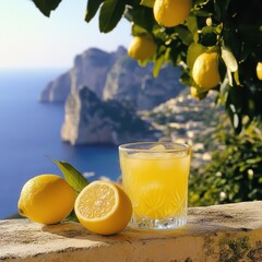 Fototapeta premium Lemons and a refreshing glass of citrus juice rest on a stone wall overlooking a scenic Mediterranean coastal landscape.