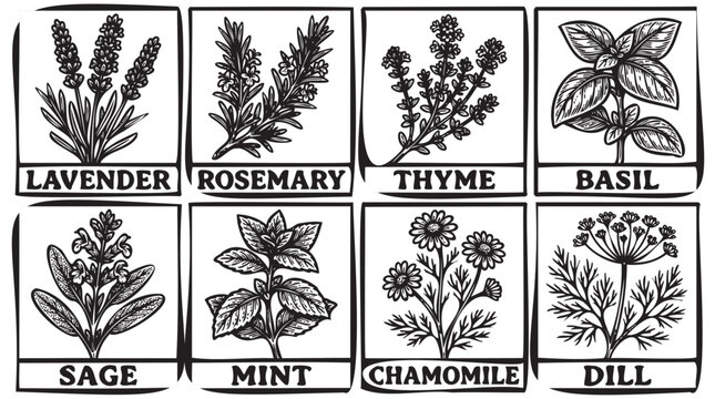 Herbs, Botanical Icons, Black and White, 8 Herbs Set, Vector Illustration