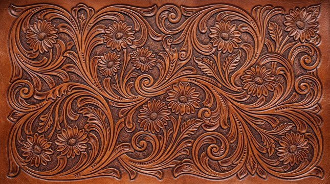 Western hand tooled leather background with embossed floral daisy swirl scroll pattern in deep warm brown tones