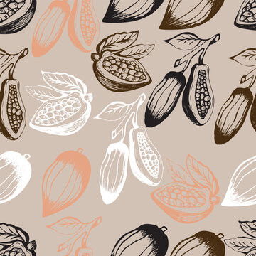 Cocoa beans seamless pattern on is a light shade of orange background.
Chocolate cocoa beans. Vector illustration. 