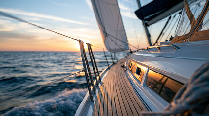 Fototapeta premium Sunset view from a sailing yacht deck with full sails while cruising on an open sea at the end of a windy day, sailing lifestyle concept, defocused, with copy space