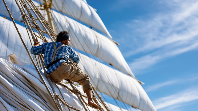 Anonymous sailor climbing the mast of a tall sailing ship to set additional sails during an ocean voyage, seamanship and sailing tradition concept, faceless, defocused sky