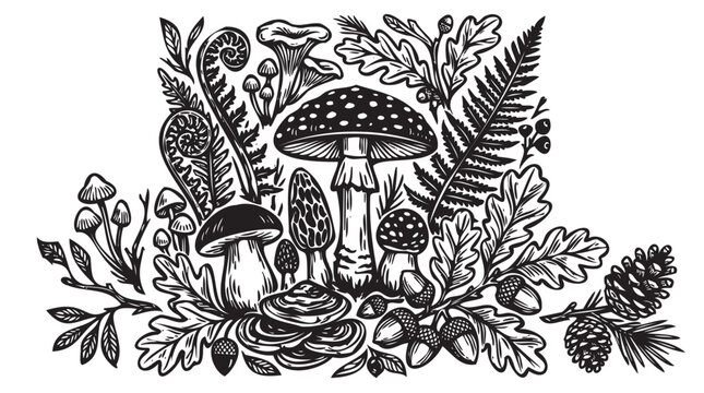 Black and white forest, mushroom, leaf, and pinecone illustration, vector set of fungi and foliage