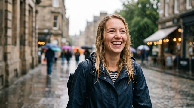 Happy person walking in light rain joyful mood lifestyle freedom weather outdoor calm moment positivity concept.