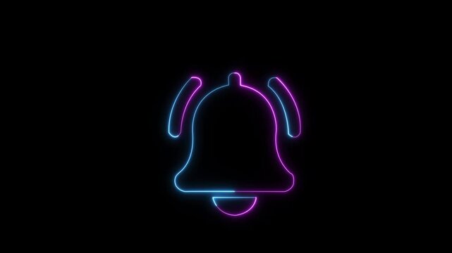 A bright neon notification bell icon rings to signal a new digital alert. Ideal for digital interface, social media, and technology . Glowing neon notification 4k Animation video on Black Background