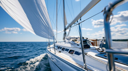 Fototapeta premium White sloop-rigged sailing yacht navigating calm Baltic Sea waters on a bright sunny day, view from the deck toward the bow mast and sails, recreational sailing concept,